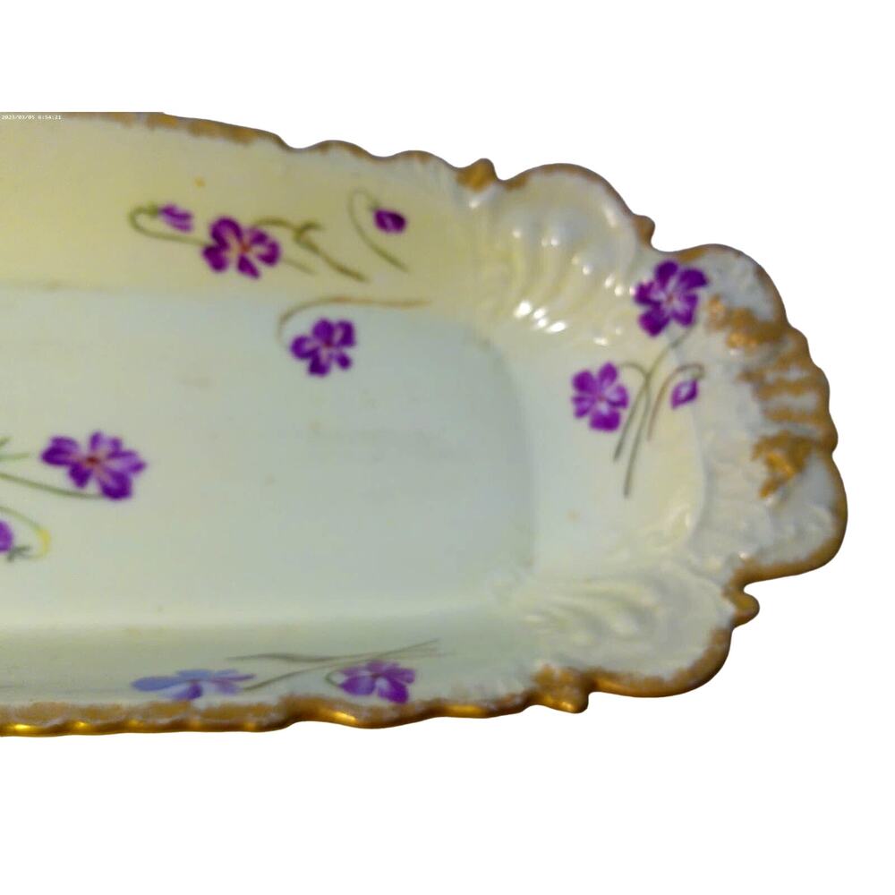Antique T&V Limoges France Hand Painted Floral Tray Violets Scalloped Gold Rim - Picture 5 of 7